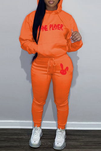Orange Casual Letter Print Hooded Collar Long Sleeve Sweatshirt And Pants Sportwear Two Piece Jogger Set