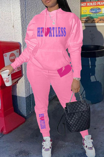 Pink Casual Letter Print Patchwork Hooded Collar Long Sleeve Two Pieces