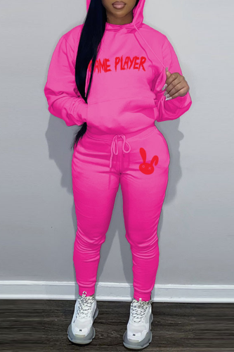 Rose Red Casual Letter Print Hooded Collar Long Sleeve Sweatshirt And Pants Sportwear Two Piece Jogger Set
