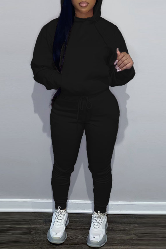 Black Casual Hooded Collar Long Sleeve Sweatshirt And Pants Sportwear Two Piece Jogger Set