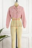 Pink Casual Solid Patchwork Cardigan Turndown Collar Outerwear