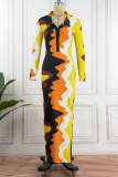 Gelbe Patchwork-Bleistiftrock-Kleider mit Umlegekragen und Street-Print