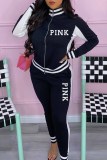Rose Red Casual Print Letter Zipper Collar Long Sleeve Two Pieces