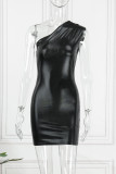 ブラック セクシー ソリッド パッチワーク バックレス 斜め襟 ノースリーブ ドレス ドレス