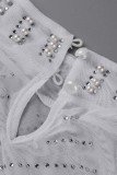 Blanco Sexy Patchwork Perforación en caliente Plumas transparentes Rebordear Asimétrico Medio cuello alto Vestidos de manga larga