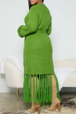 Зеленый повседневный однотонный лоскутный кардиган с кисточками и воротником Верхняя одежда