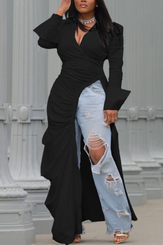Negro Sexy Casual Sólido Apertura alta Cuello de camisa con pliegues Tops de cintura alta
