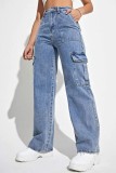 Hellblaue, lässige, gerade Denim-Jeans mit festem Patchwork