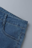 Pantalones vaqueros de mezclilla regulares de cintura alta con decoración de accesorios de metal de retazos sólidos informales azul bebé