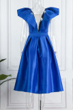 ブルー セクシー フォーマル ソリッド パッチワーク シースルー Vネック イブニングドレス ドレス