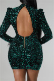 Brown Sexy Patchwork Hollowed Out Sequins O Neck Long Sleeve Dresses