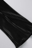 Gola dobrada preta casual patchwork sólido manga longa duas peças