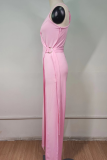 Pink Casual Solid Patchwork V Neck Straight Jumpsuits