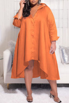 タンジェリンレッドカジュアルソリッドパッチワークバックル非対称ターンダウンカラーシャツドレスプラスサイズドレス