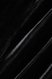 ブラック カジュアル ソリッド ドローストリング 小帯 フォールド タートルネック 長袖 ドレス