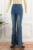 Babyblå Casual Solid Patchwork Metalltillbehör Dekoration Vanliga jeans med hög midja