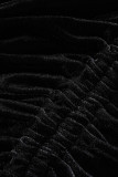 Vestidos de manga larga de cuello alto con pliegues de frenillo de cordón sólido informal negro