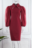 ディープブルー カジュアル ソリッド パッチワーク ビーズ ターンダウン カラー ワンステップ スカート ドレス