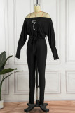 Zwarte casual skinny jumpsuits met patchwork en schuine kraag