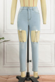 Pantalones vaqueros pitillo de cintura alta con decoración de accesorios de metal de retazos rasgados sólidos informales azul profundo