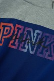 Ropa deportiva casual azul Estampado de letras Patchwork Cuello con capucha Manga larga Dos piezas