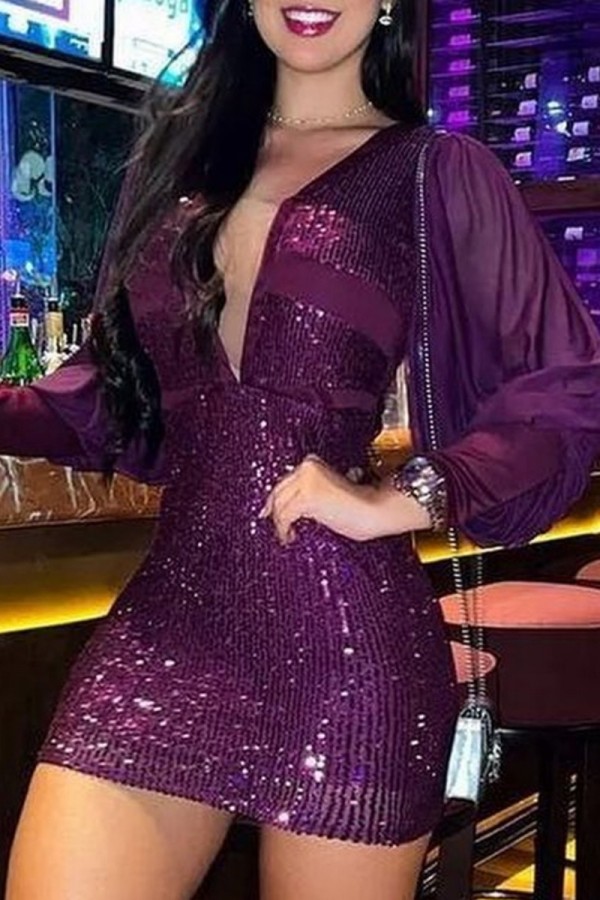 紫のセクシーなパッチワーク スパンコール V ネック長袖ドレス