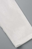 Bianco sexy casual patchwork solido accessori in metallo decorazione senza spacco o collo manica lunga abiti taglie forti