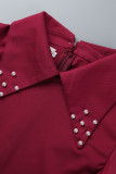 グリーン カジュアル ソリッド パッチワーク ビーズ ターンダウン カラー ワンステップ スカート ドレス