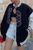 Black Casual Letter Patchwork Conventional Collar Outerwear