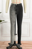 Schwarze, lässig bedruckte Patchwork-Jeans mit hoher Taille