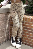 Casual pantalon met luipaardprint en patchwork Basic Regular broek met hoge taille
