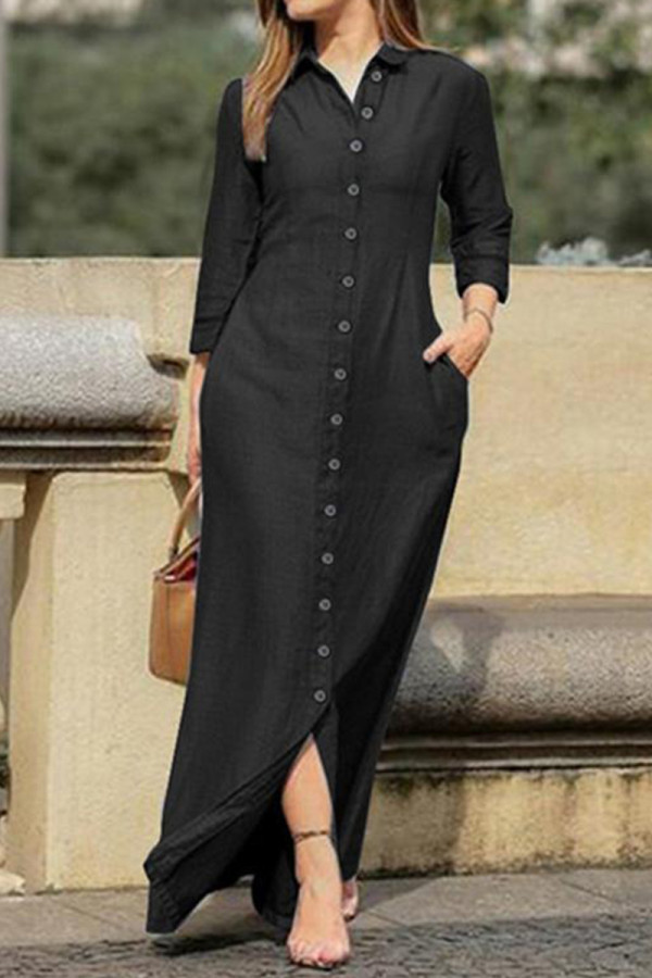 Black Gray Elegant Solid Buckle Solid Color Turndown Collar Long Sleeve Loose Denim Dresses