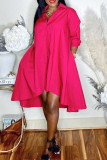 Розово-красное повседневное однотонное платье в стиле пэчворк с пряжкой, асимметричное платье-рубашка с отложным воротником, платья больших размеров