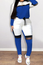 Blaue, lässige Sportbekleidung, solides Patchwork, O-Ausschnitt, plus Größe, zweiteilig