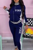 Blue Casual Print Letter Zipper Collar Long Sleeve Two Pieces