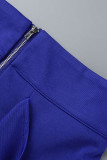 Fivela de retalhos azul trabalho casual folho decote em V manga longa duas peças