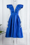 Azul Sexy Formal Sólido Patchwork Transparente V Neck Vestidos de Noite