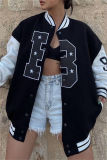 Black Casual Letter Patchwork Conventional Collar Outerwear