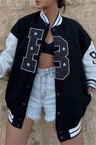 Black Casual Letter Patchwork Conventional Collar Outerwear
