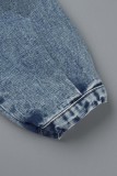 Cardigan patchwork solido casual azzurro con colletto rovesciato e giacca di jeans regolare a maniche lunghe