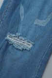 Jeans de mezclilla regulares de cintura alta rasgados sólidos informales azules medianos