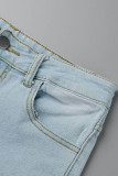 Голубые повседневные однотонные рваные лоскутные металлические аксессуары с украшением, джинсы скинни с высокой талией