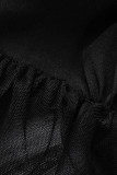 Black Casual Plus Size Solid Patchwork Shirt Collar Shirt Dress