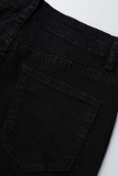 Calça jeans skinny preta casual sólida rasgada com fenda e cintura alta