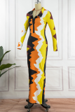 Gelbe Patchwork-Bleistiftrock-Kleider mit Umlegekragen und Street-Print