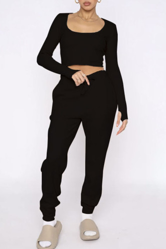 Black Casual Sportswear Solid Patchwork U Neck Long Sleeve Two Pieces