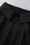 Zwarte casual plus size effen patchwork overhemdkraag overhemdjurk