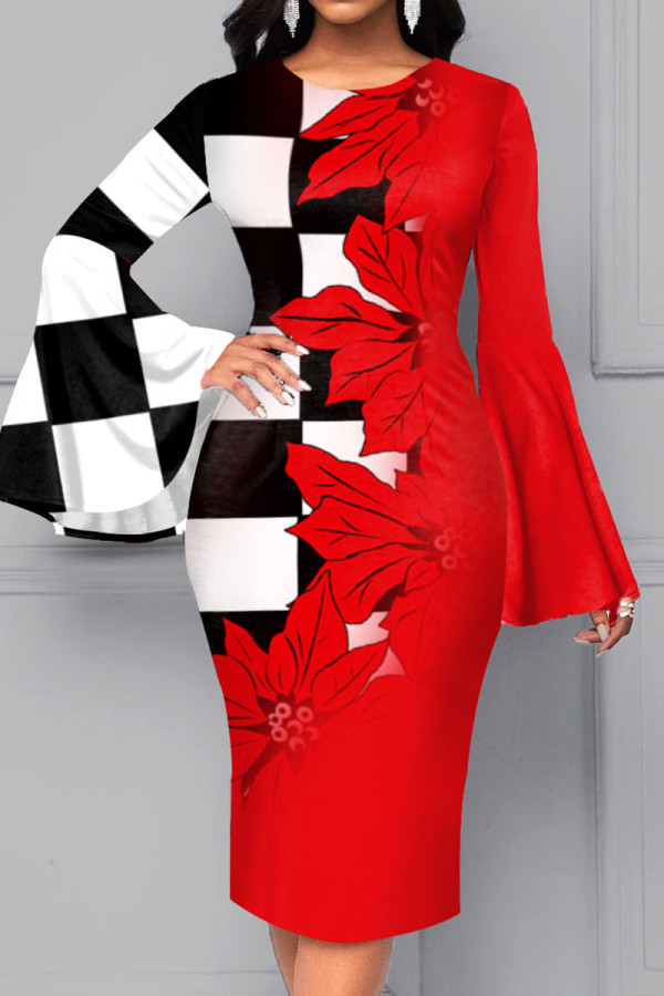 Красные повседневные платья с принтом в стиле пэчворк и круглым вырезом