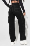 Schwarze, lässige, solide Patchwork-Jeans mit hoher Taille und geradem Schnitt