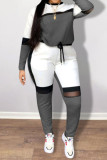 Gris Casual Sportswear Solid Patchwork O Neck Plus Size Two Pieces